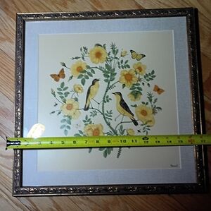 Vintage Framed Floral and Bird Art Print